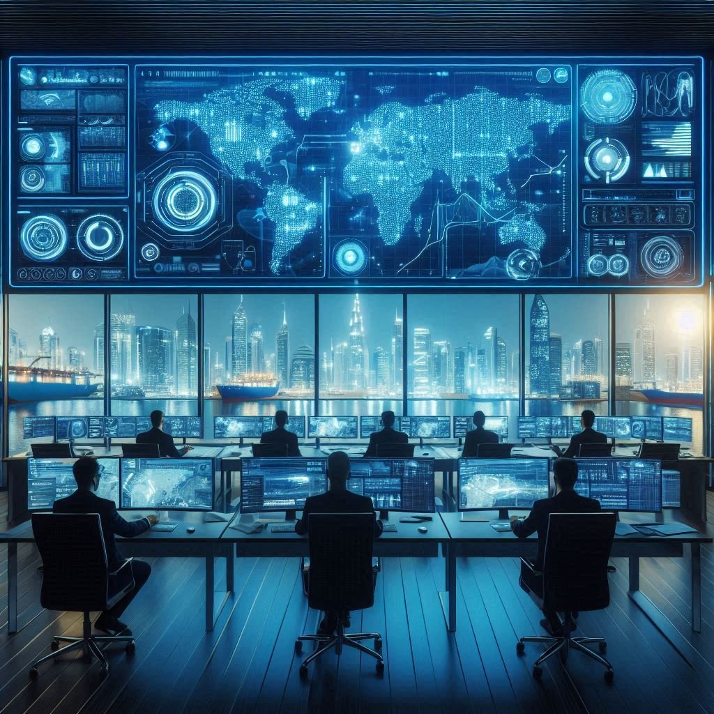 Futuristic logistics command center with multiple screens showing global shipment tracking, SwiftSh